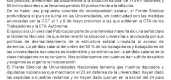 Tras la masiva marcha del 23 de abril, el Frente Sindical de Universidad Nacionales exige que el gobierno nacional de respuestas inmediatas a la crisis universitaria