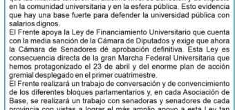 El Frente Sindical De Universidades Nacionales apoya la Ley de Financiamiento Universitario y exige a senadoras y senadores su inmediata aprobación