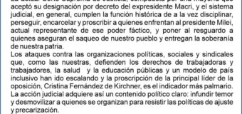 El Frente Sindical de Universidades Nacionales rechaza el fallo proscriptivo de la Corte Suprema contra la ex presidenta Cristina Fernández de Kirchner y llama a defender la democracia argentina