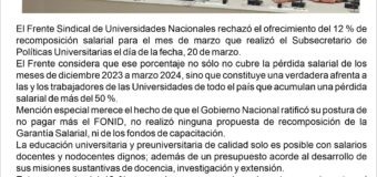 Frente Sindical de Universidades Nacionales rechazó el ofrecimiento del 12% de recomposición salarial